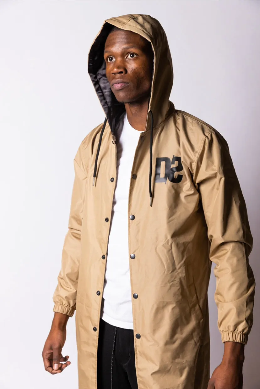 Unisex Long Hooded Coaches Jacket Tan Brown