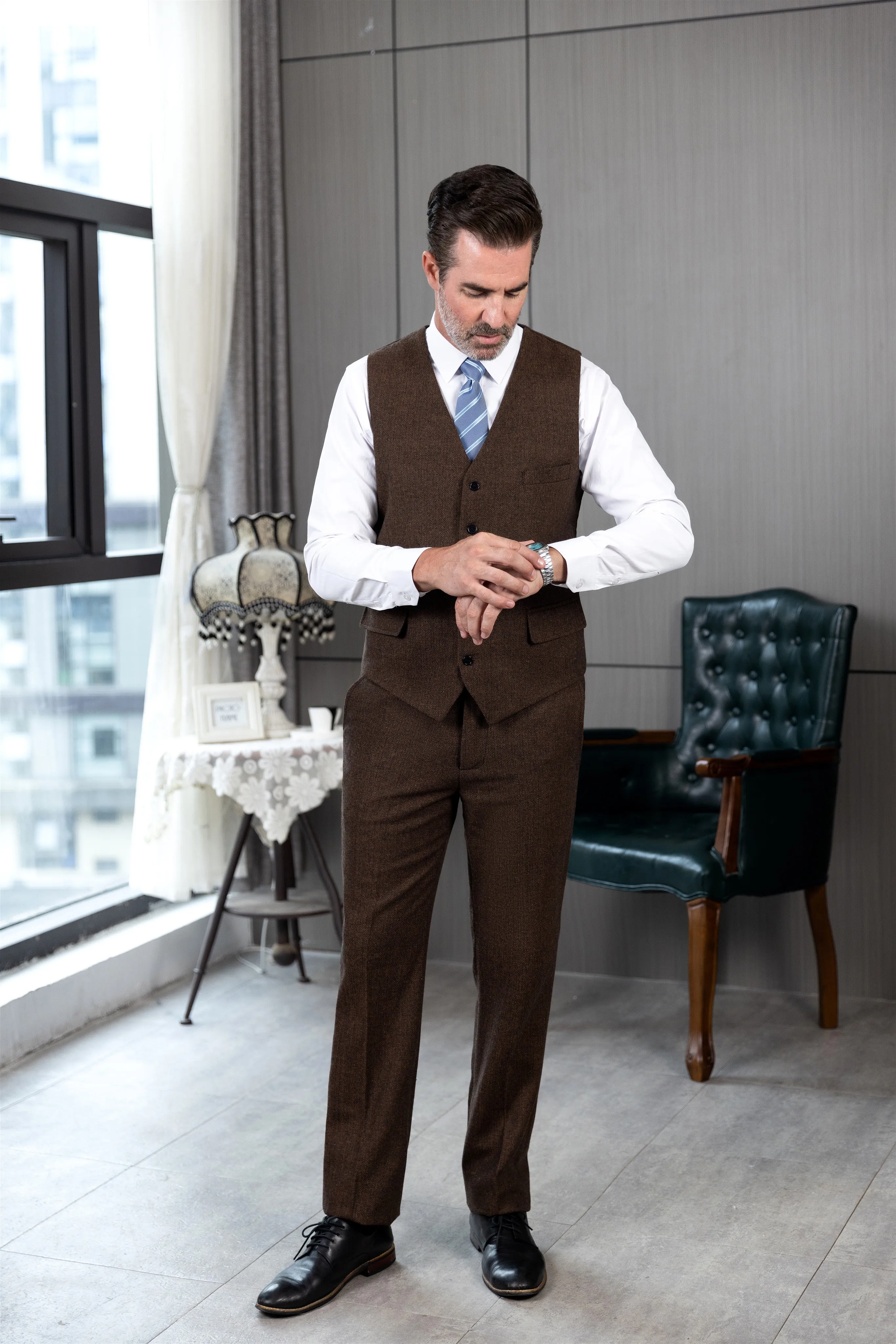 Vintage Classical 2 Pieces Mens Suit Herringbone V Neck Vest Suit For Wedding (Vest   Pants)