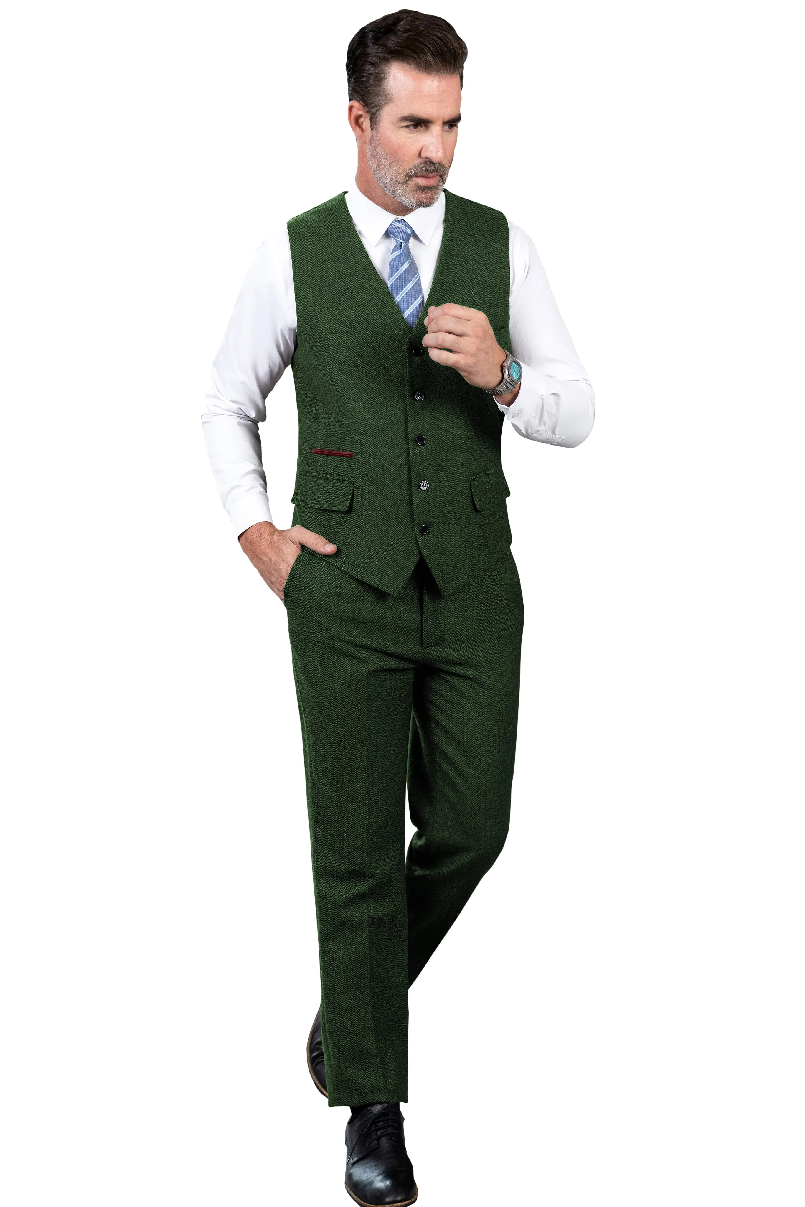 Vintage Classical 2 Pieces Mens Suit Herringbone V Neck Vest Suit For Wedding (Vest   Pants)