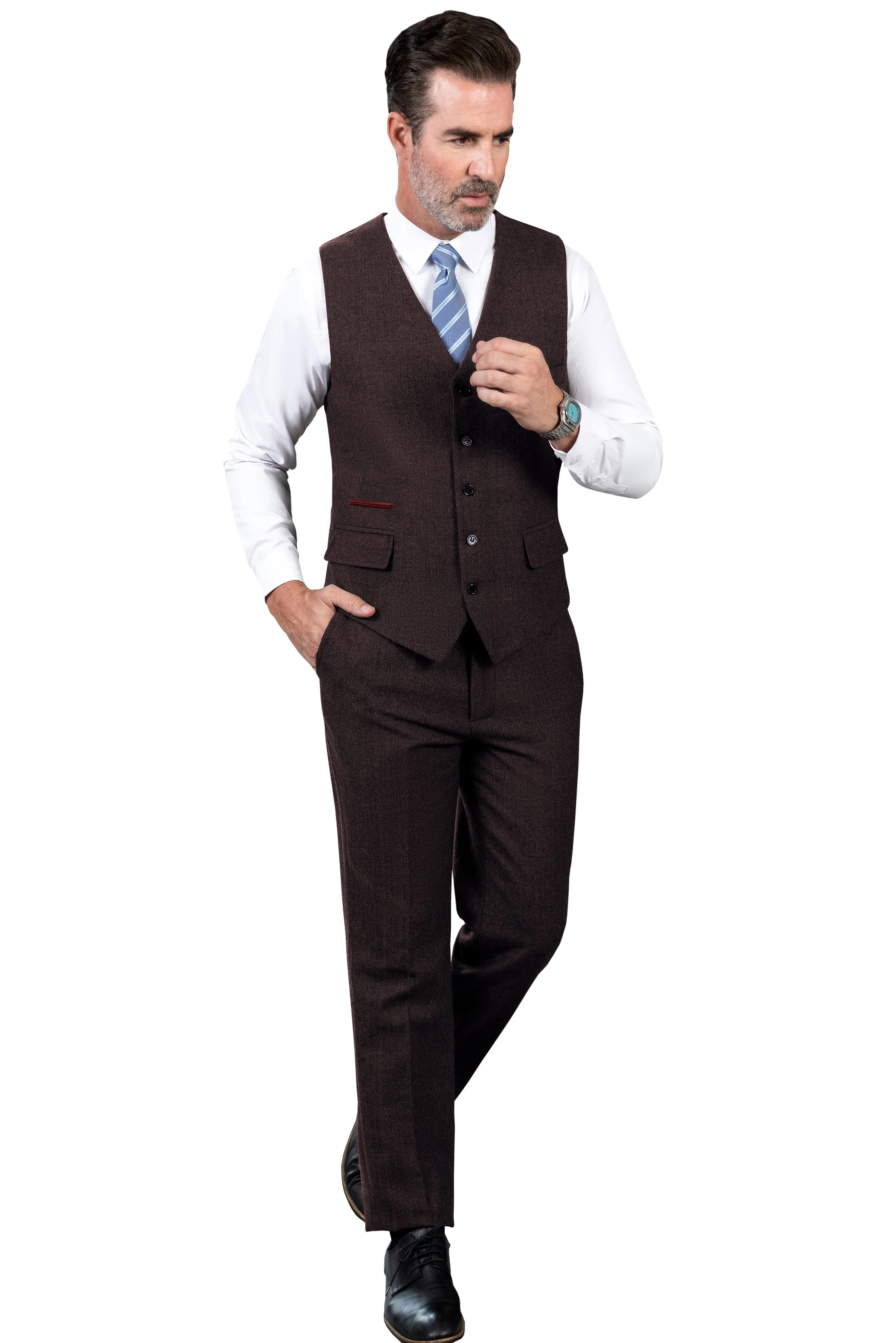 Vintage Classical 2 Pieces Mens Suit Herringbone V Neck Vest Suit For Wedding (Vest   Pants)
