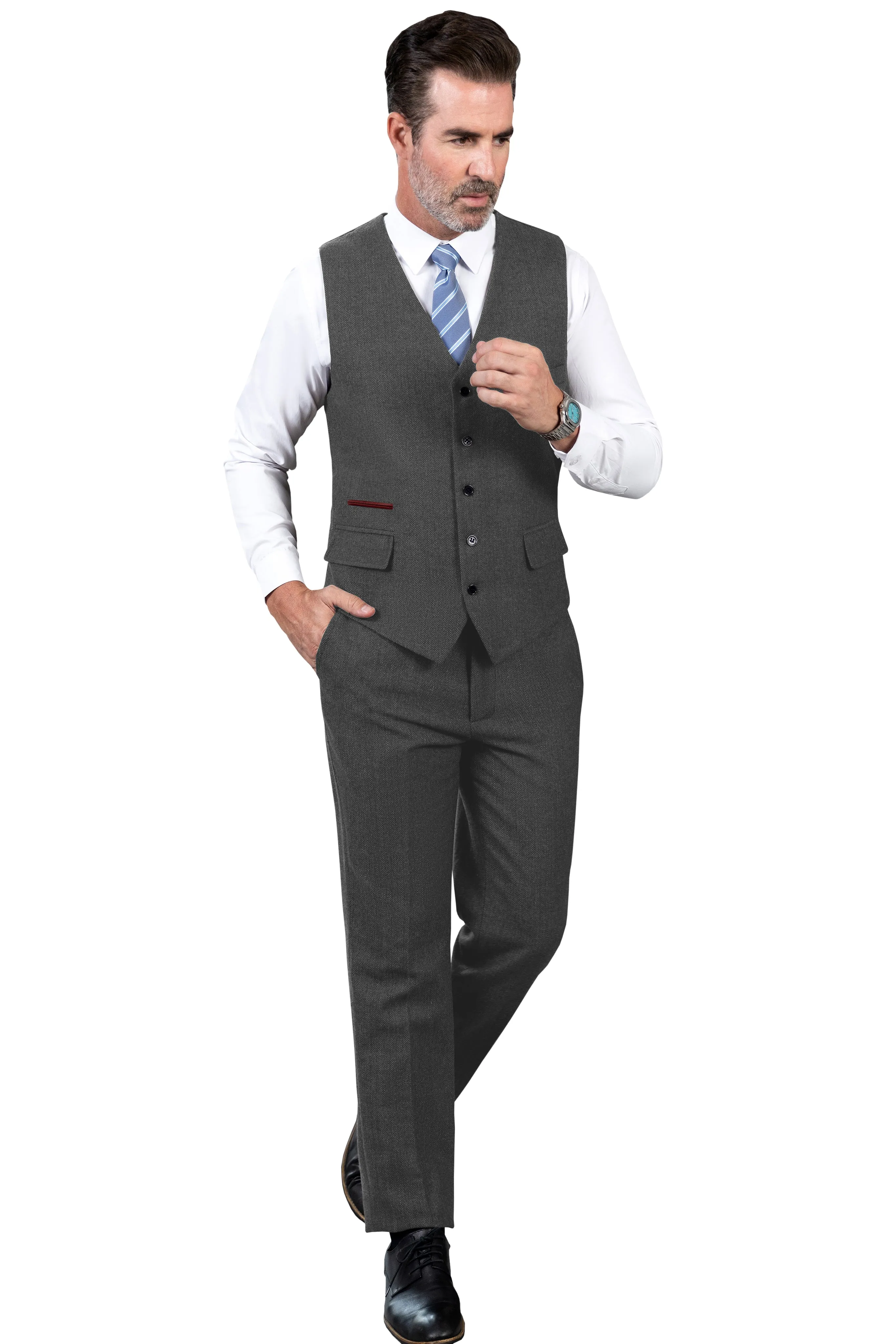 Vintage Classical 2 Pieces Mens Suit Herringbone V Neck Vest Suit For Wedding (Vest   Pants)