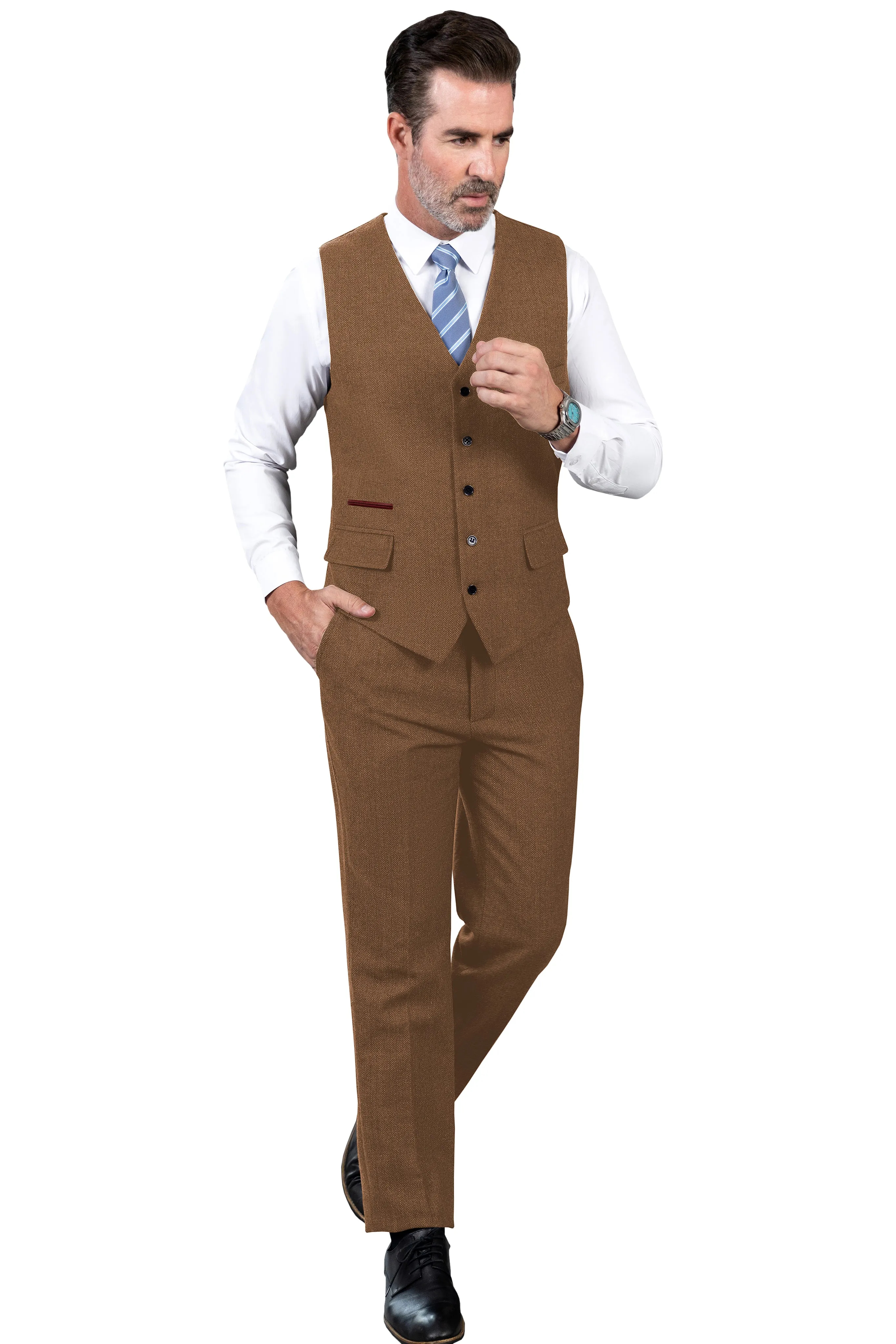 Vintage Classical 2 Pieces Mens Suit Herringbone V Neck Vest Suit For Wedding (Vest   Pants)