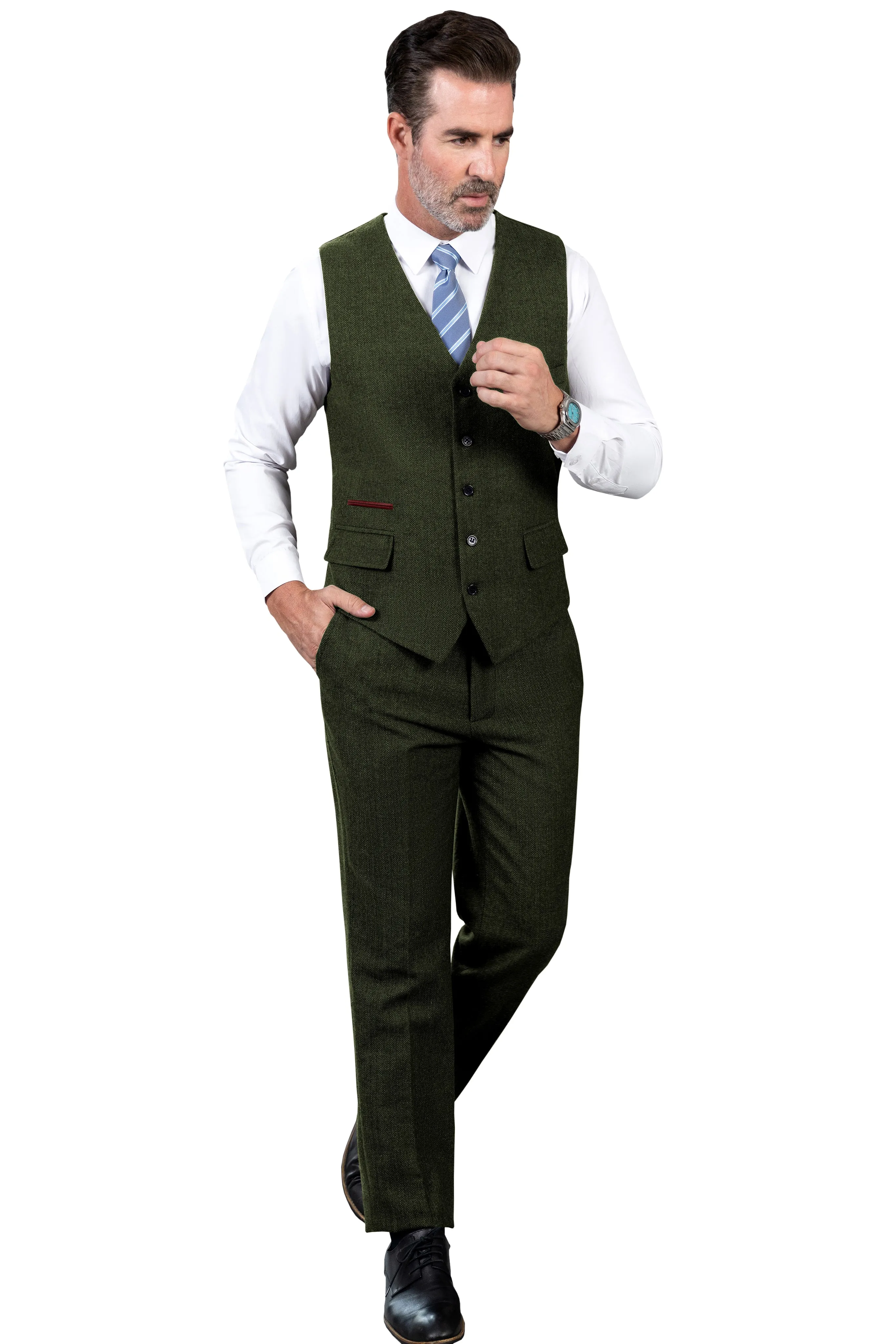 Vintage Classical 2 Pieces Mens Suit Herringbone V Neck Vest Suit For Wedding (Vest   Pants)