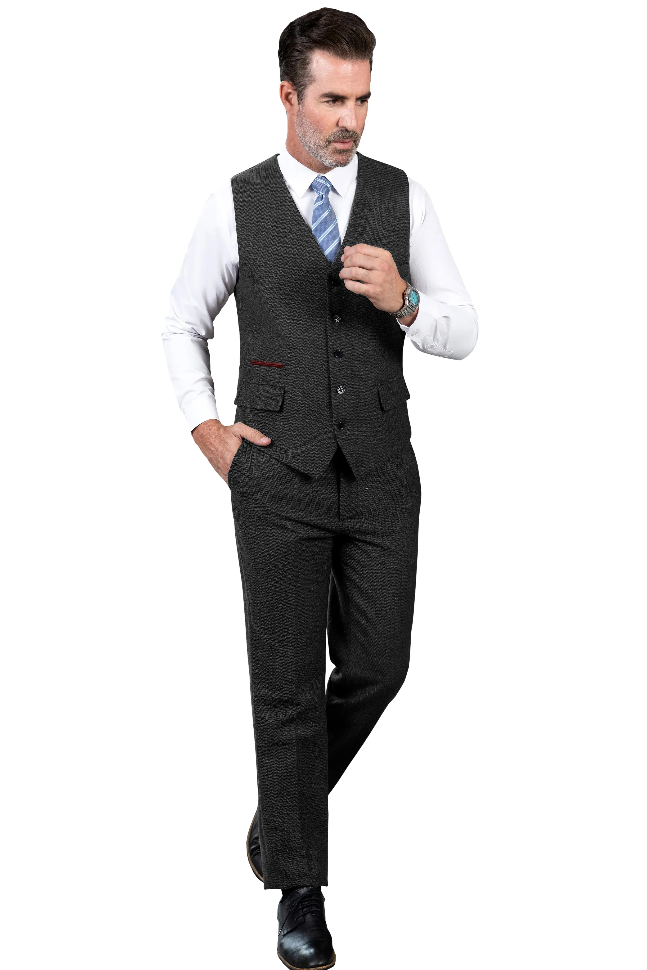 Vintage Classical 2 Pieces Mens Suit Herringbone V Neck Vest Suit For Wedding (Vest   Pants)