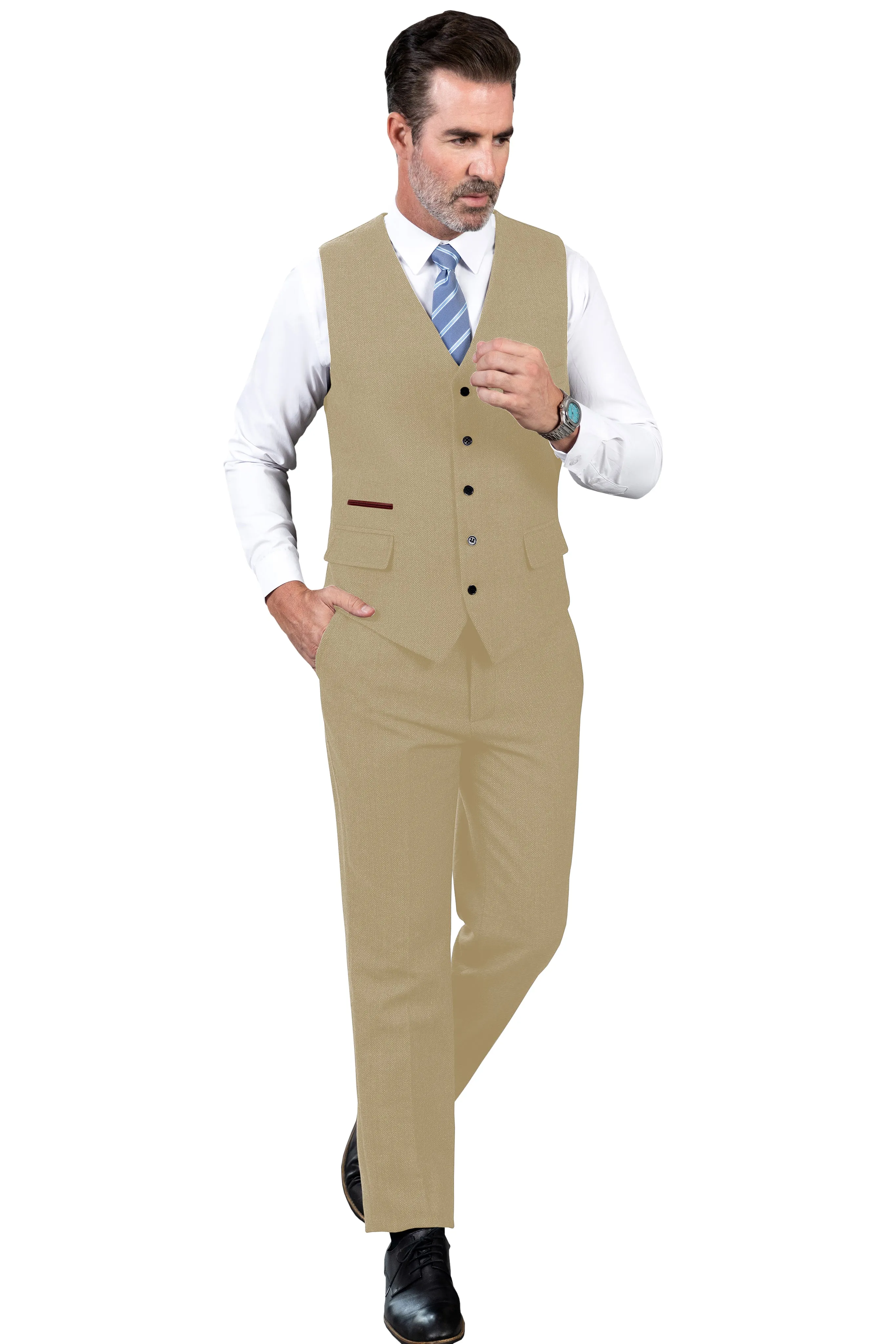 Vintage Classical 2 Pieces Mens Suit Herringbone V Neck Vest Suit For Wedding (Vest   Pants)