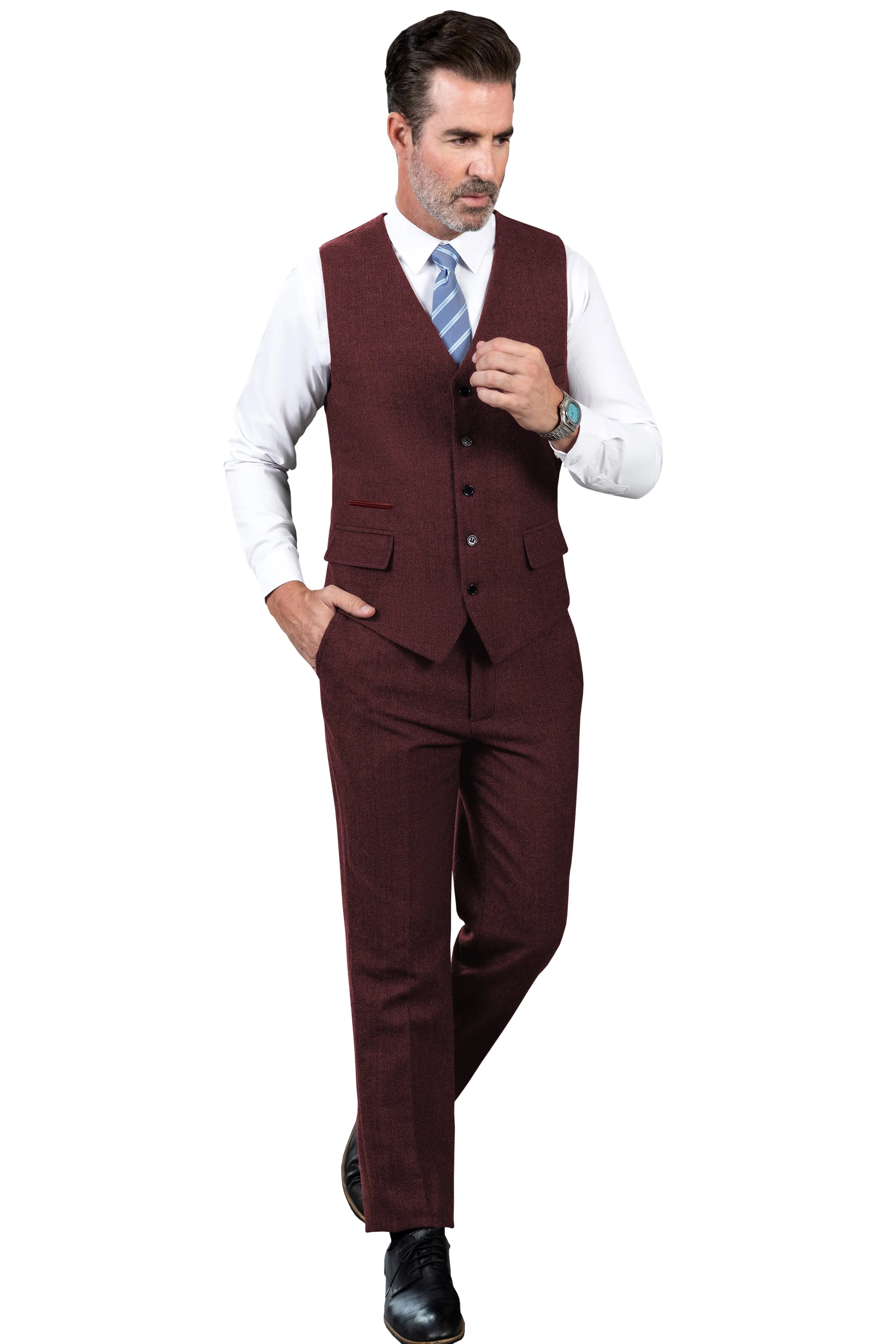 Vintage Classical 2 Pieces Mens Suit Herringbone V Neck Vest Suit For Wedding (Vest   Pants)