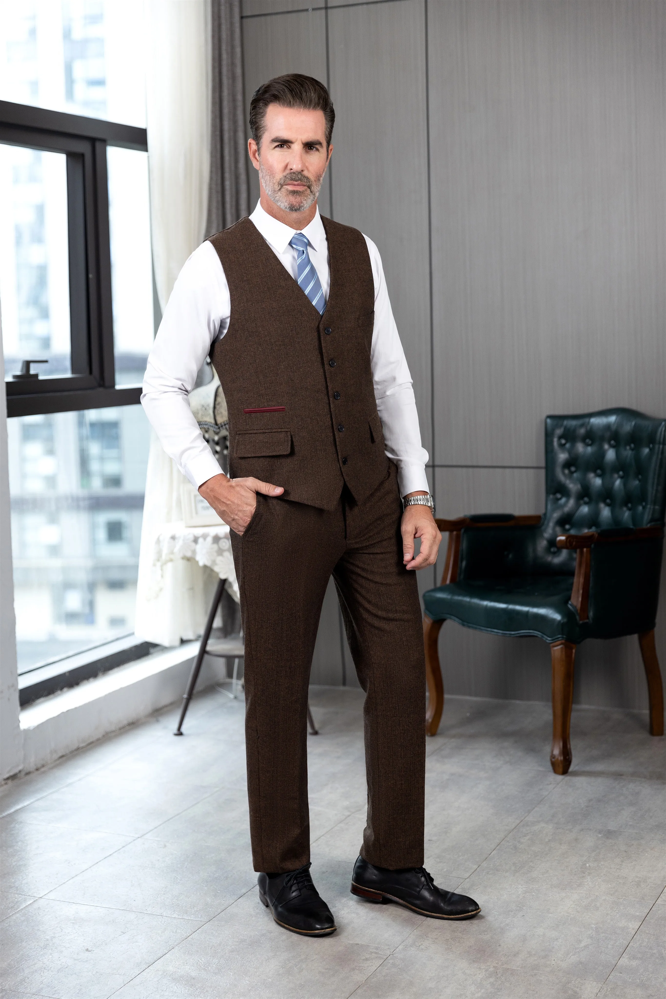 Vintage Classical 2 Pieces Mens Suit Herringbone V Neck Vest Suit For Wedding (Vest   Pants)