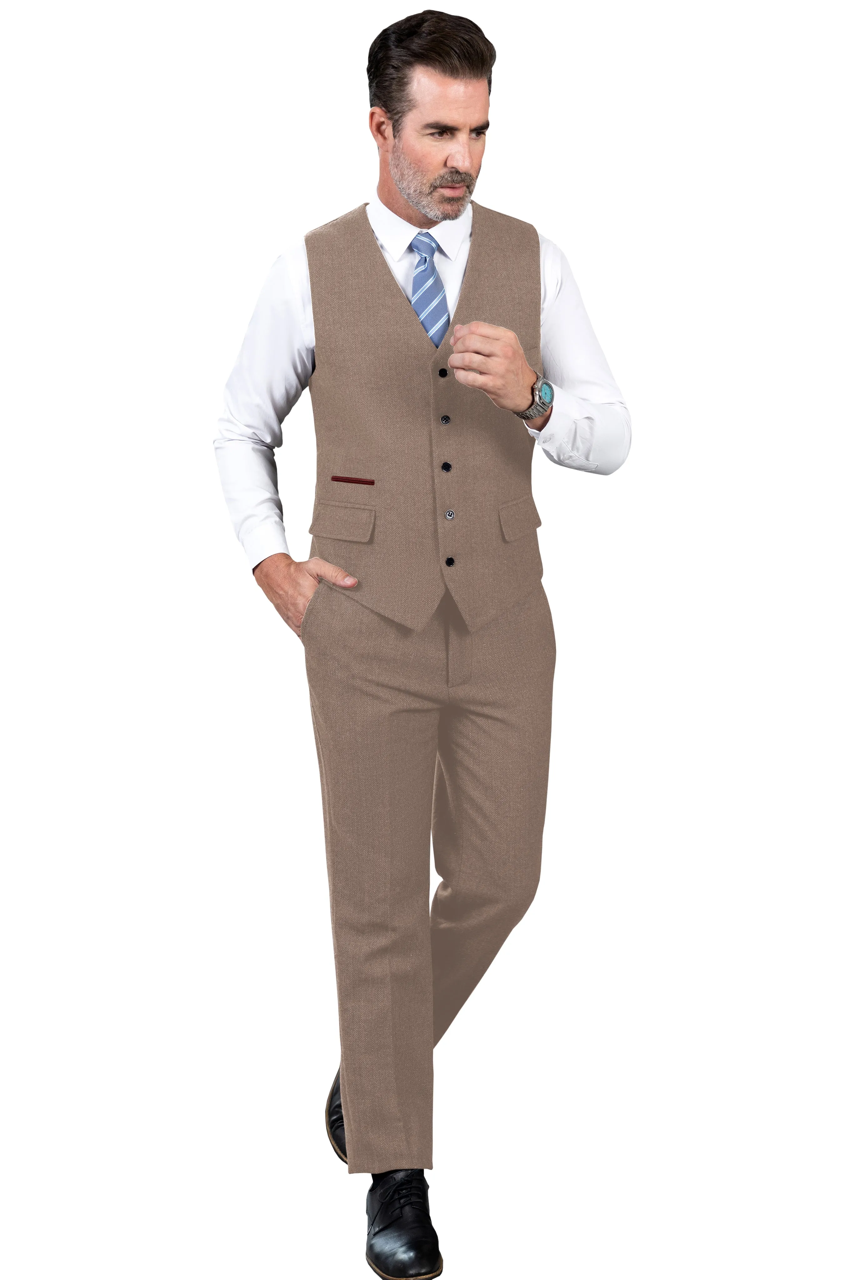 Vintage Classical 2 Pieces Mens Suit Herringbone V Neck Vest Suit For Wedding (Vest   Pants)
