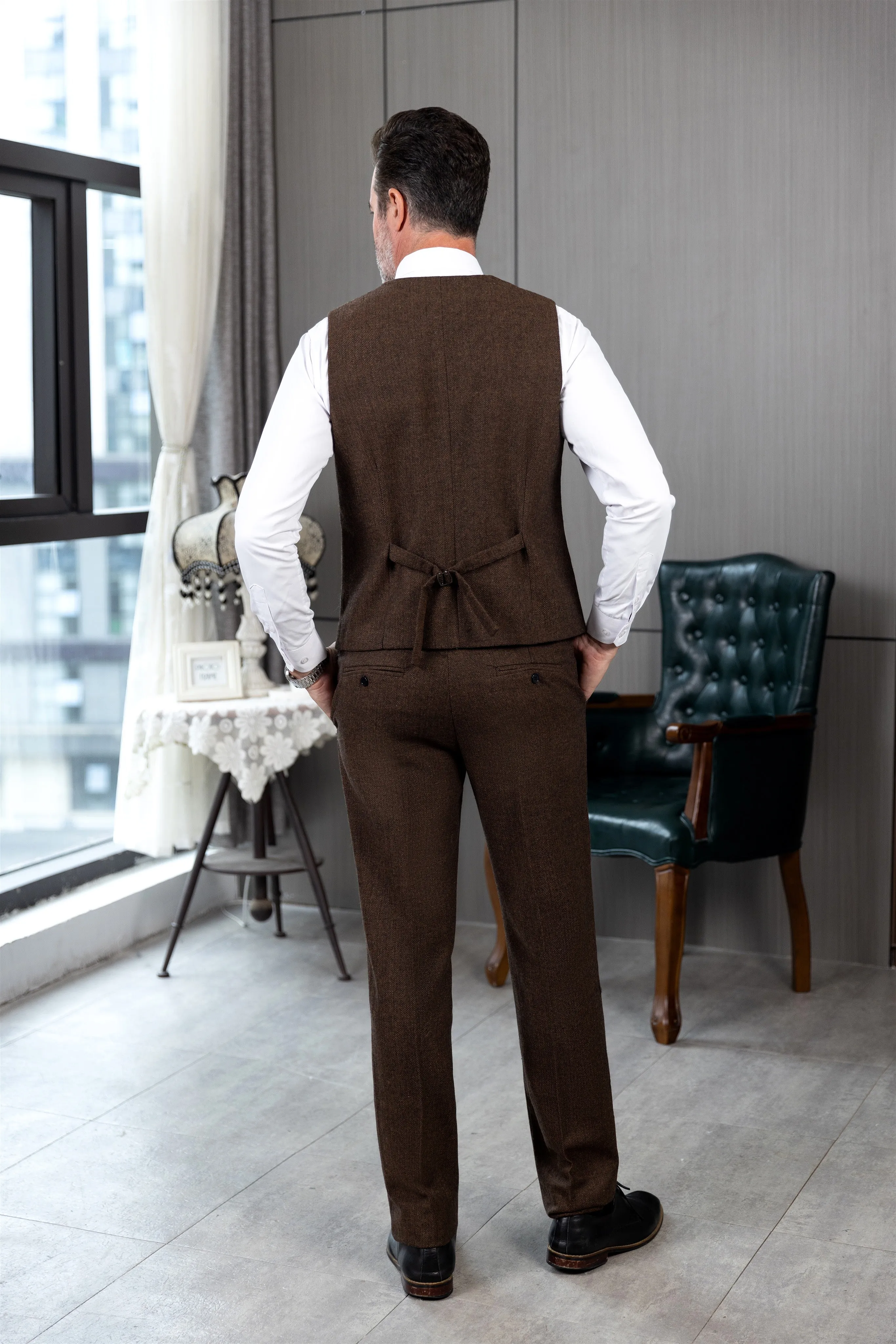 Vintage Classical 2 Pieces Mens Suit Herringbone V Neck Vest Suit For Wedding (Vest   Pants)