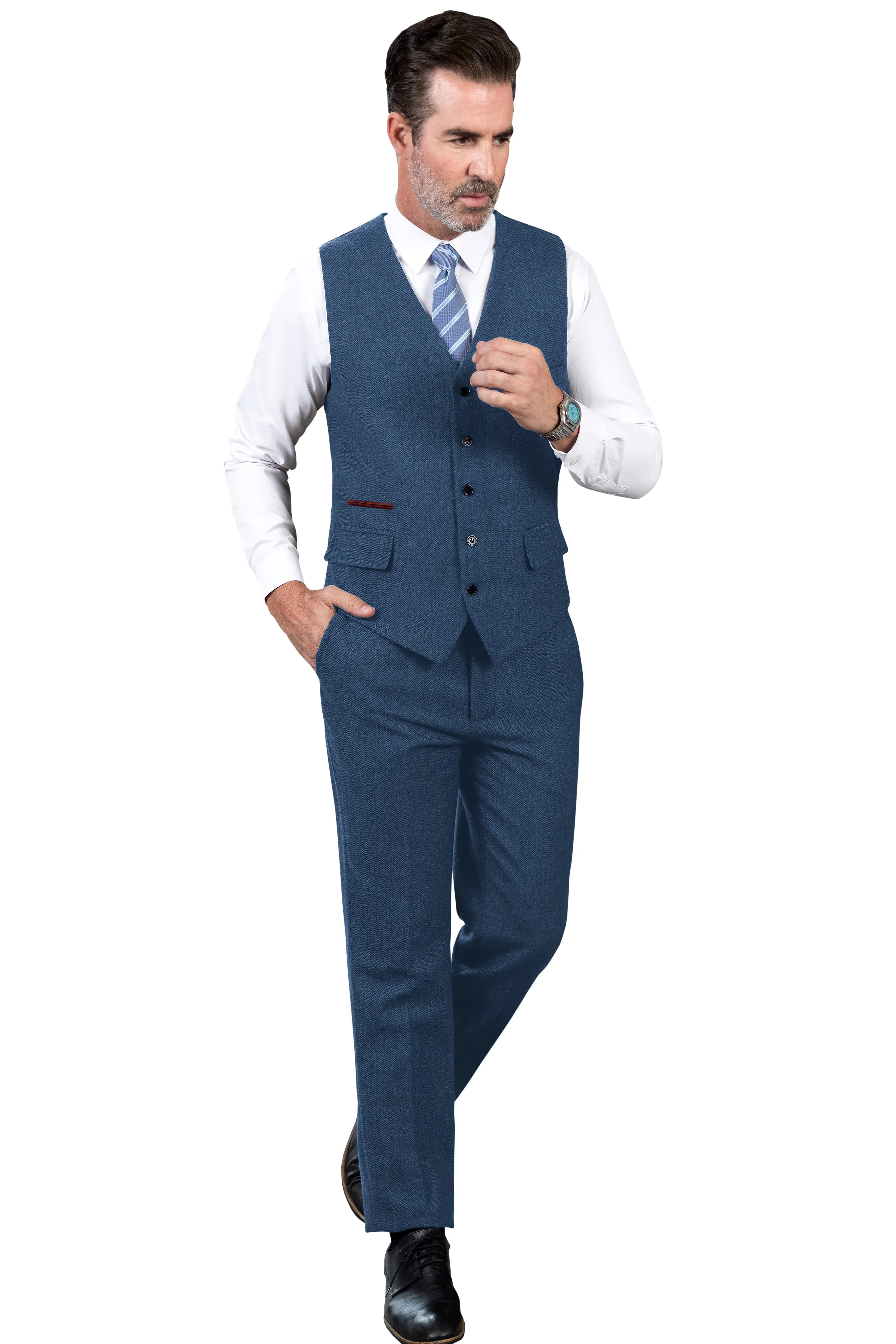 Vintage Classical 2 Pieces Mens Suit Herringbone V Neck Vest Suit For Wedding (Vest   Pants)