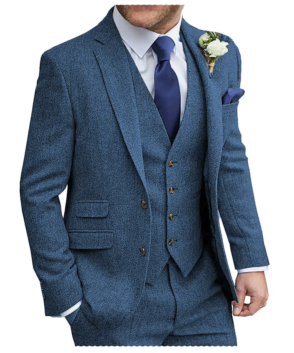 Vintage Classical Men's 3 Pieces Suit Tweed Peak Lapel Tuxedos (Blazer vest Pants)