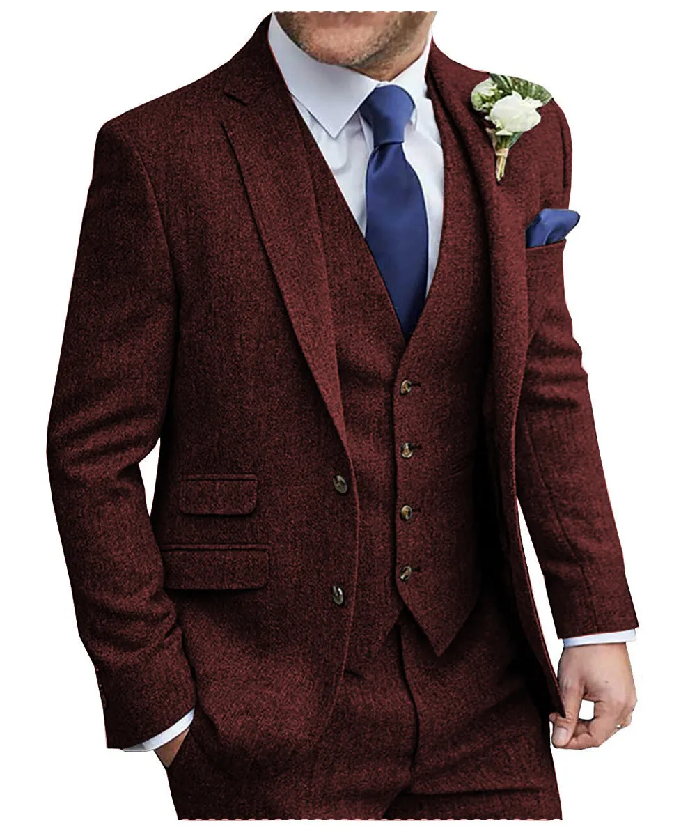 Vintage Classical Men's 3 Pieces Suit Tweed Peak Lapel Tuxedos (Blazer vest Pants)