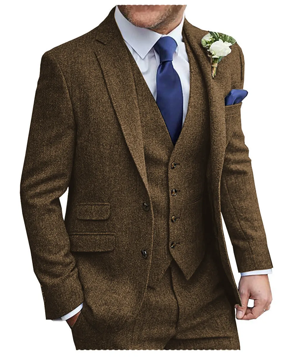 Vintage Classical Men's 3 Pieces Suit Tweed Peak Lapel Tuxedos (Blazer vest Pants)