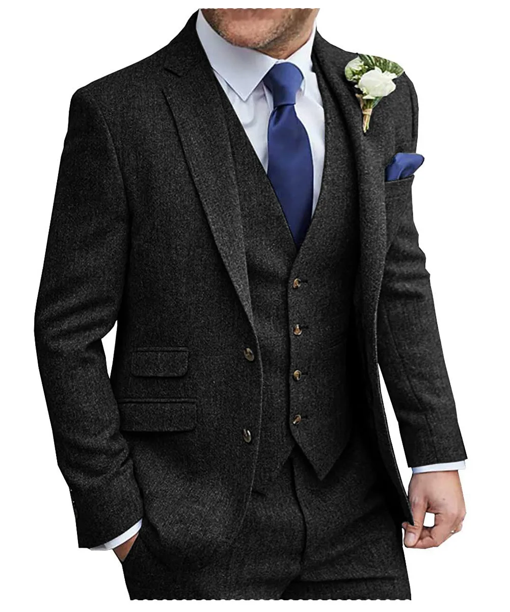 Vintage Classical Men's 3 Pieces Suit Tweed Peak Lapel Tuxedos (Blazer vest Pants)