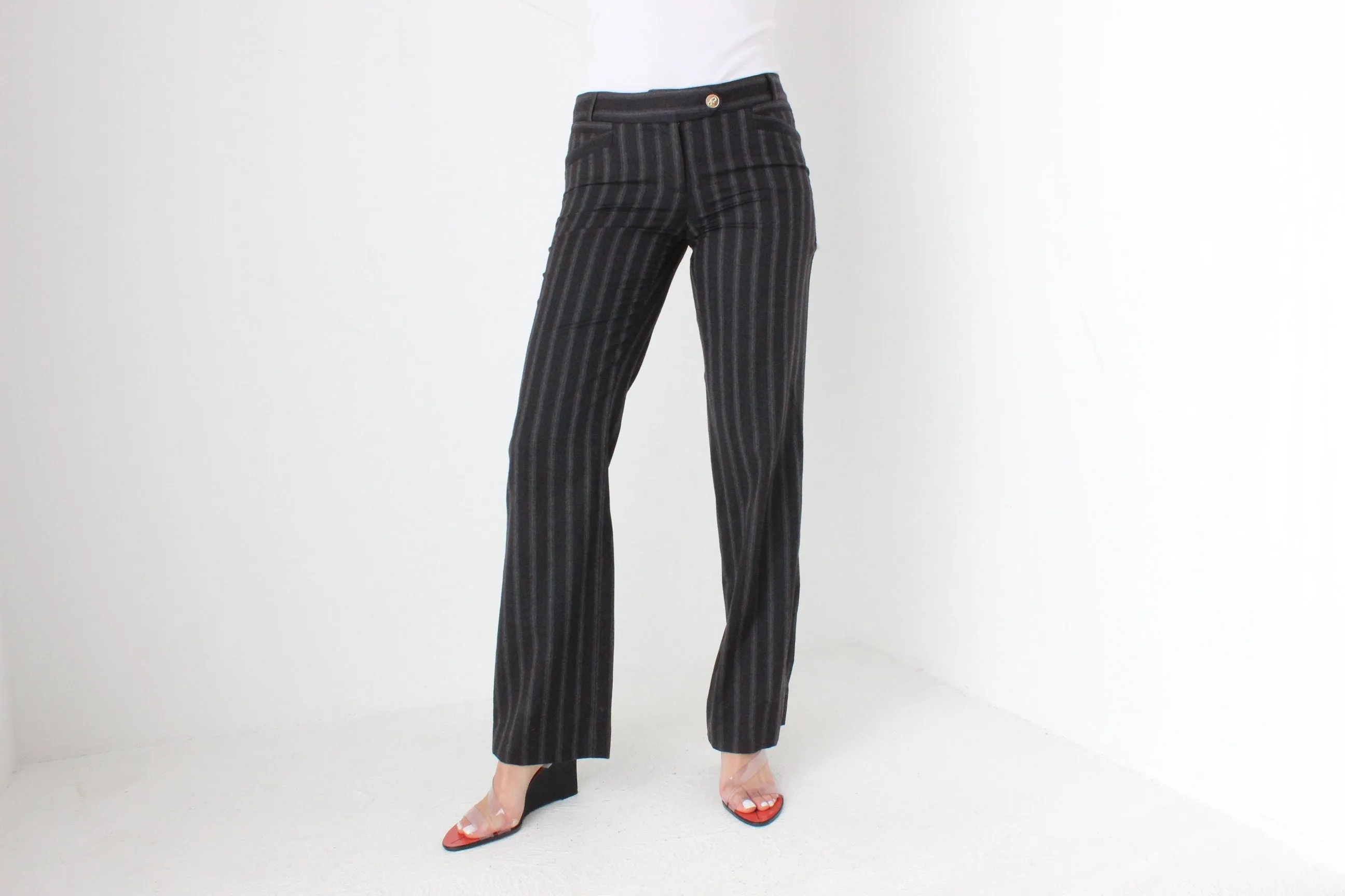 Vintage Y2K Dolce & Gabbana Pure Wool Charcoal Pinstripe Low Rise Bootcut Pants