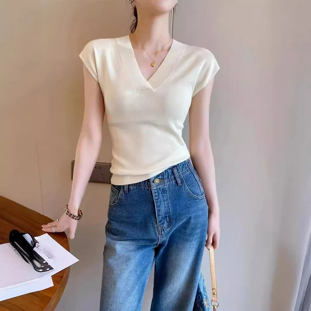 White V Neck Short Sleeve Knit Top Ice Fiber Summer Flying Sleeve T Shirt