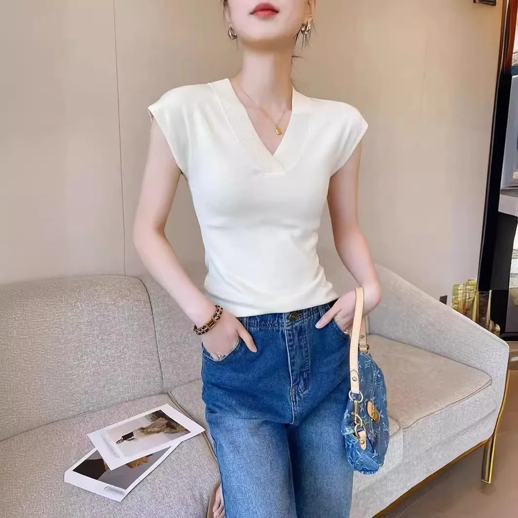 White V Neck Short Sleeve Knit Top Ice Fiber Summer Flying Sleeve T Shirt