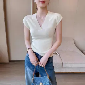 White V Neck Short Sleeve Knit Top Ice Fiber Summer Flying Sleeve T Shirt