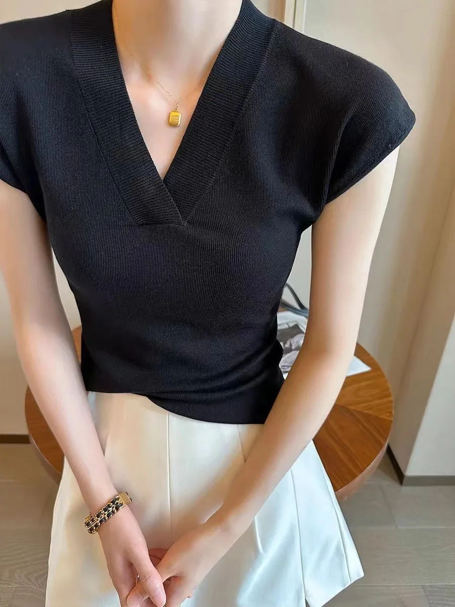 White V Neck Short Sleeve Knit Top Ice Fiber Summer Flying Sleeve T Shirt