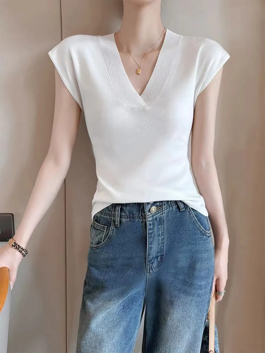 White V Neck Short Sleeve Knit Top Ice Fiber Summer Flying Sleeve T Shirt