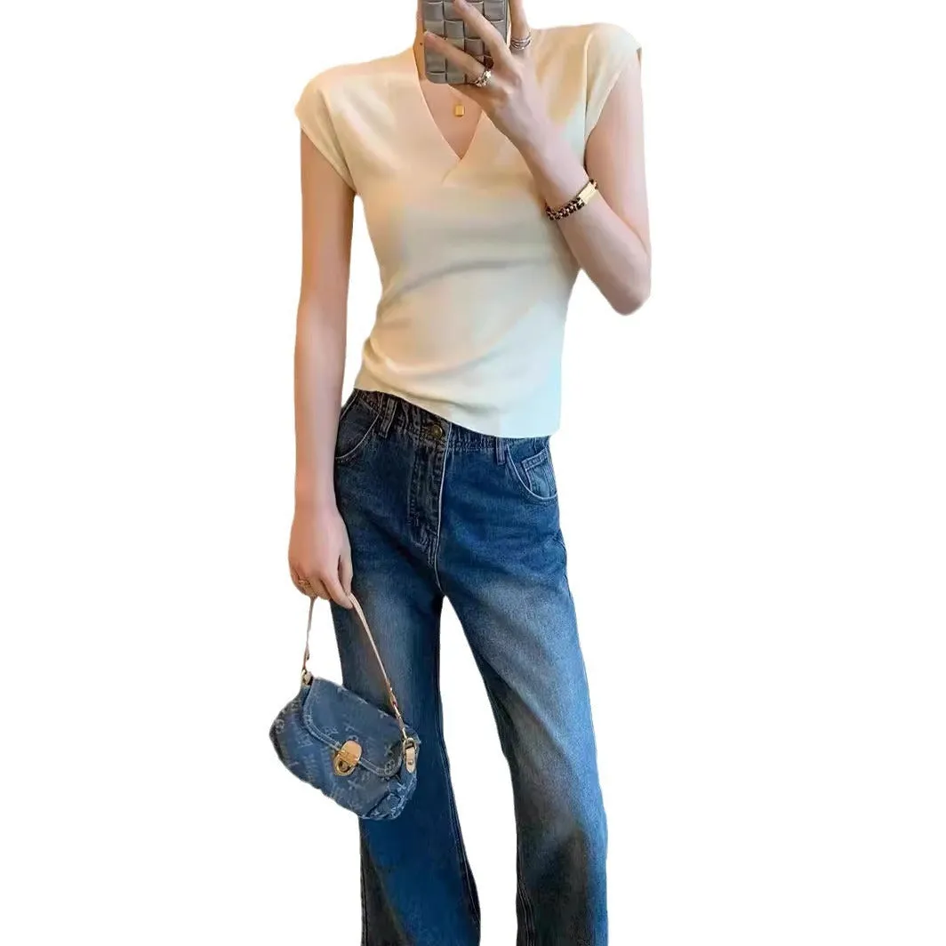White V Neck Short Sleeve Knit Top Ice Fiber Summer Flying Sleeve T Shirt