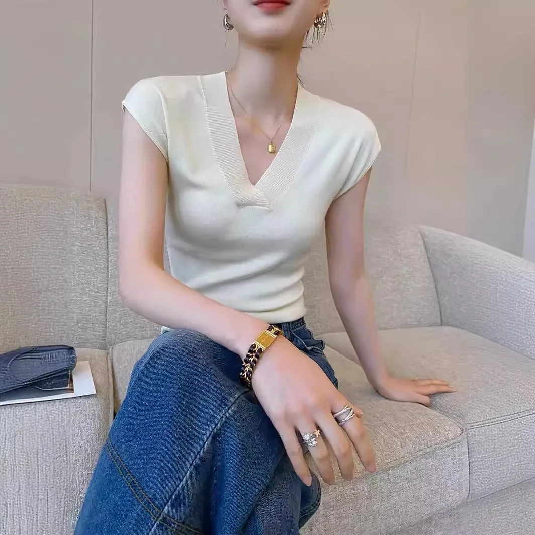 White V Neck Short Sleeve Knit Top Ice Fiber Summer Flying Sleeve T Shirt