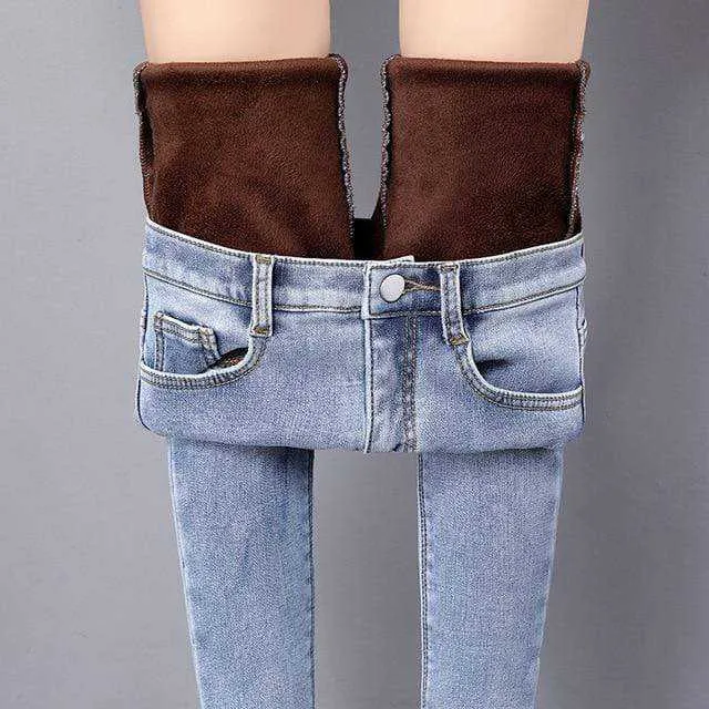 Woman High Waist Casual Winter Warm Jeans Pants